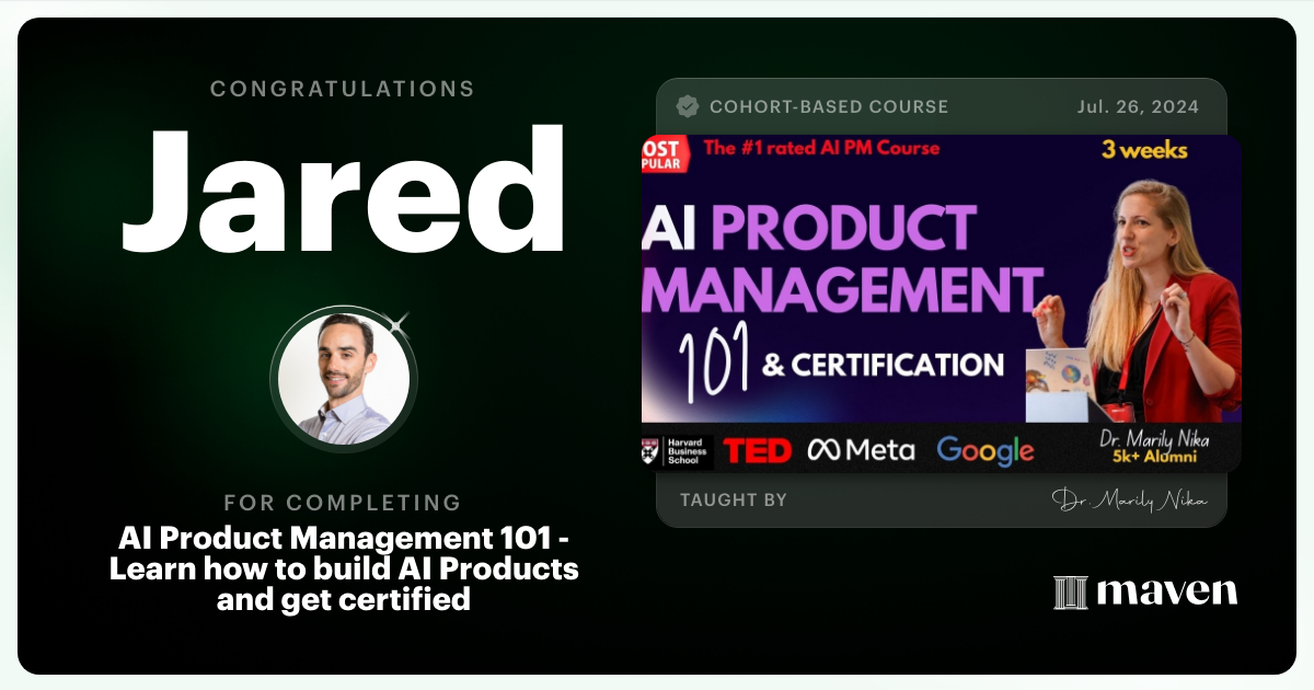 Certificate of Completion for AI Product Management 101 & Certification - Building AI Products end-to-end
