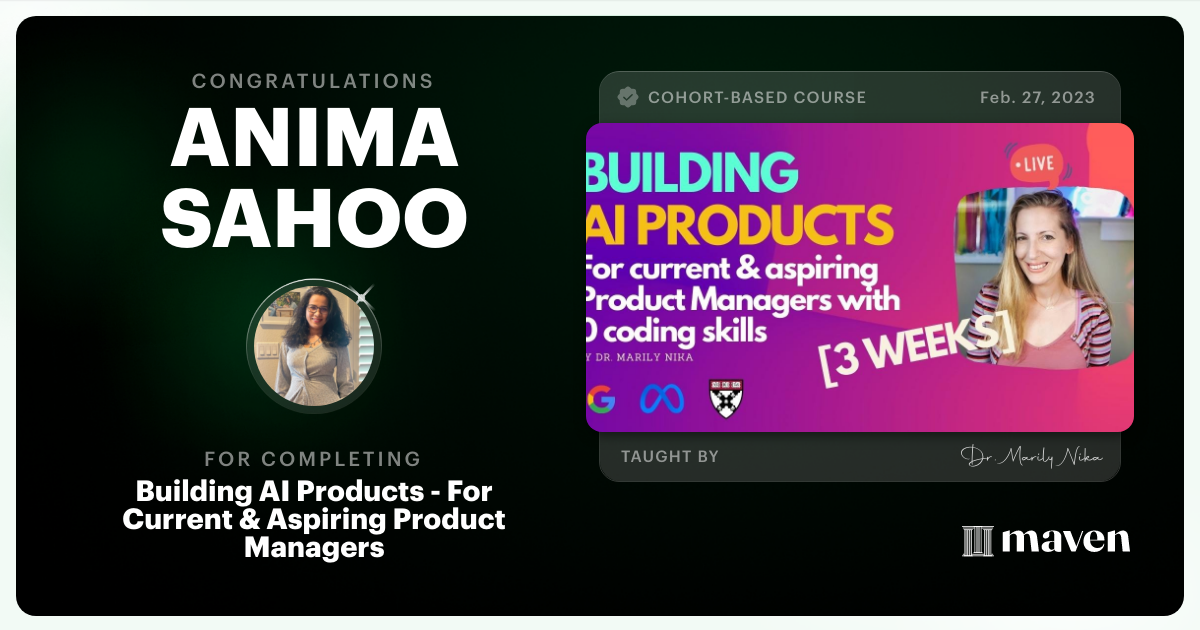Certificate of Completion for AI Product Management 101 & Certification - Building AI Products end-to-end
