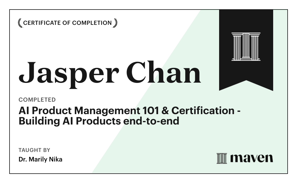 Certificate for AI Product Management 101 & Certification - Building AI Products end-to-end