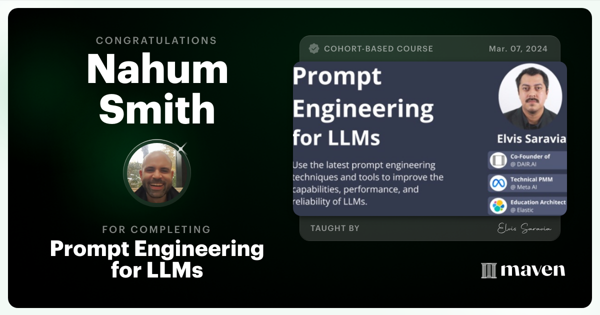 Certificate of Completion for Advanced Prompt Engineering for LLMs