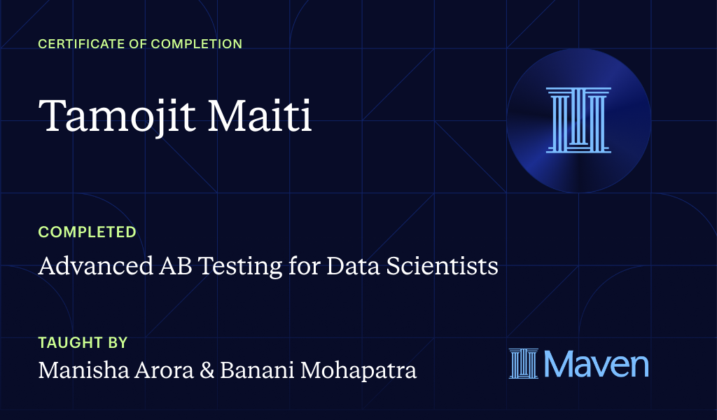 Certificate for  Advanced AB Testing for Data Scientists