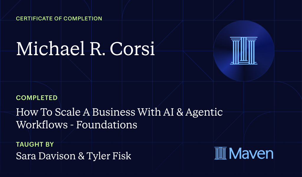 Certificate for How To Scale A Business With AI & Agentic Workflows - Foundations