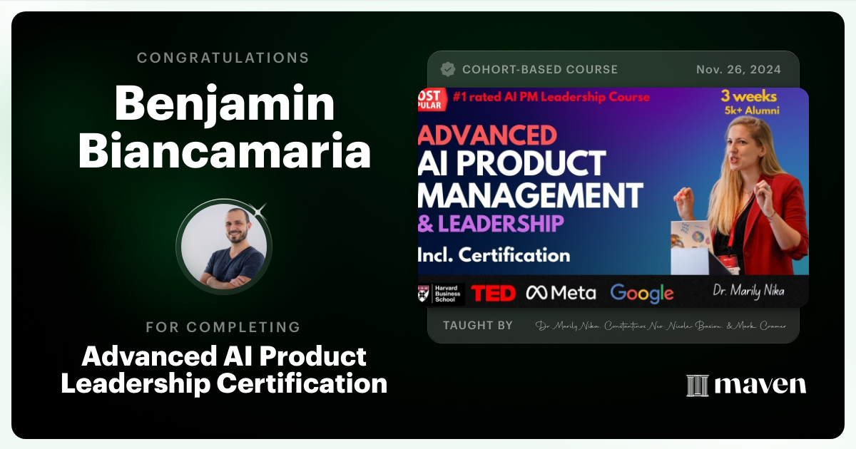 Certificate of Completion for Advanced AI Product Leadership Certification