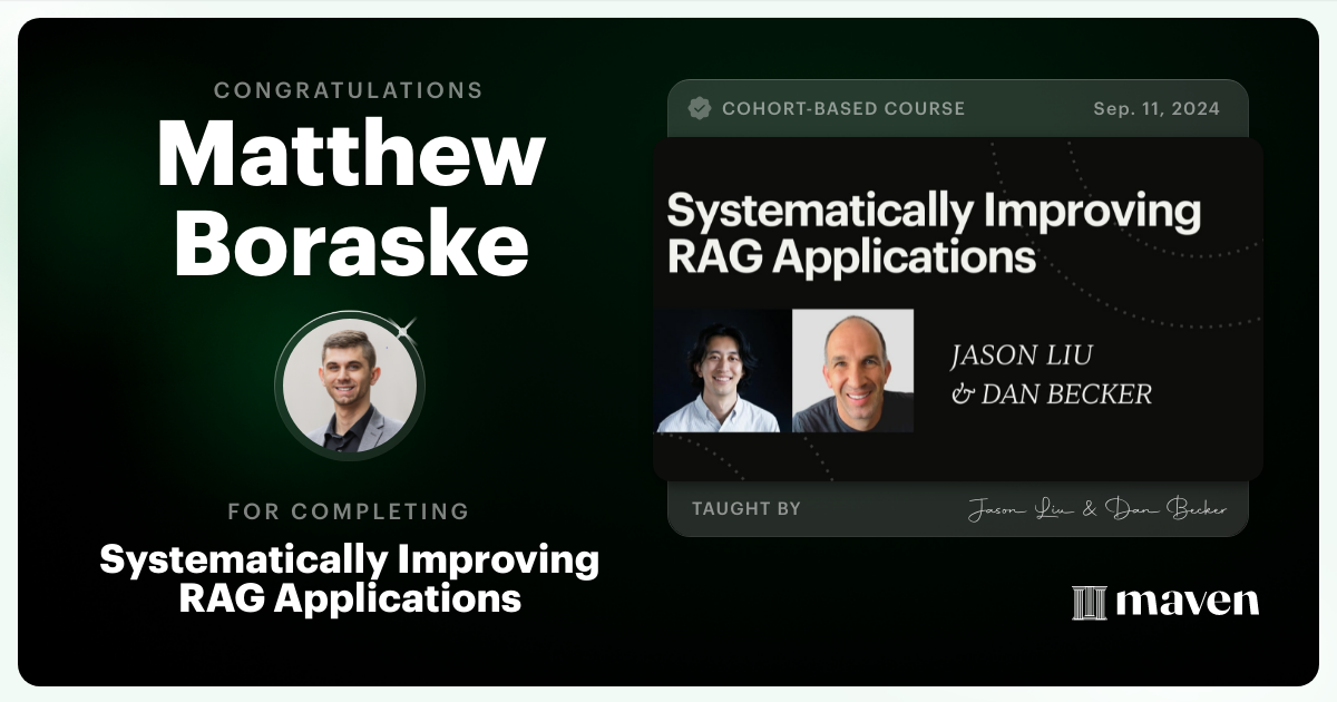 Certificate of Completion for Systematically Improving RAG Applications
