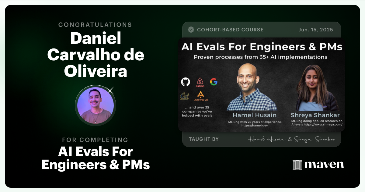 Certificate of Completion for AI Evals For Engineers & PMs