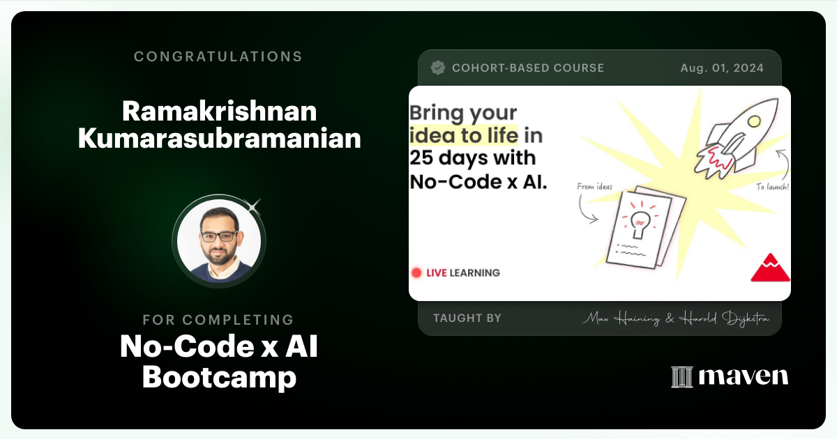 Certificate of Completion for No-Code x AI Bootcamp