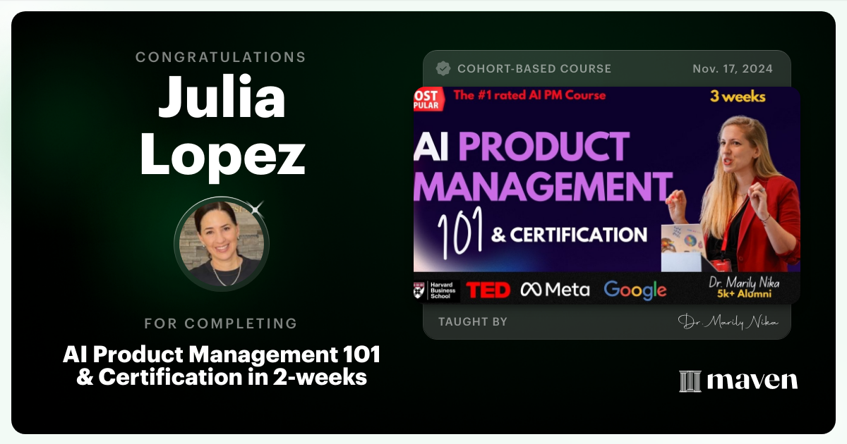 Certificate of Completion for AI Product Management 101 & Certification - Building AI Products end-to-end