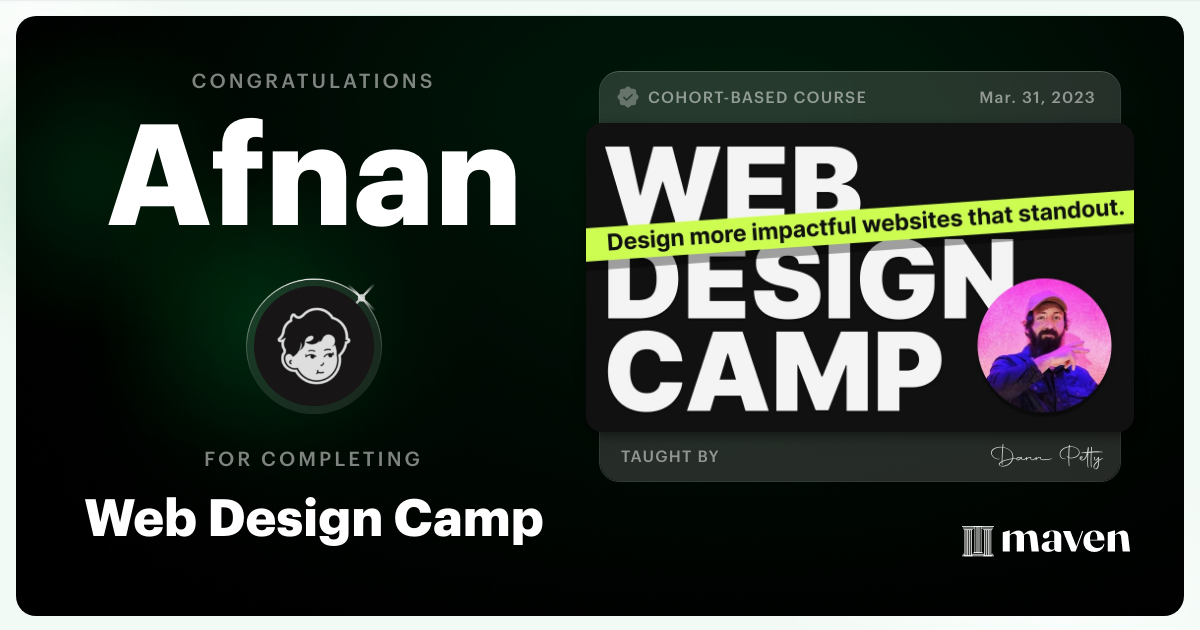 Certificate of Completion for Web Design Camp