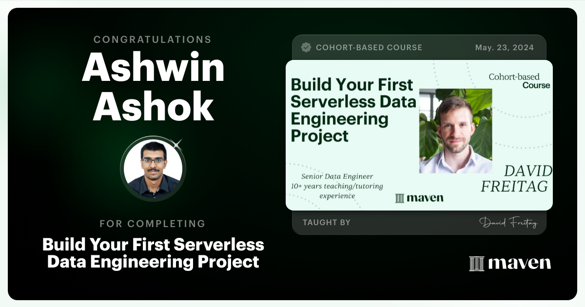 Certificate of Completion for Build Your First Serverless Data Engineering Project