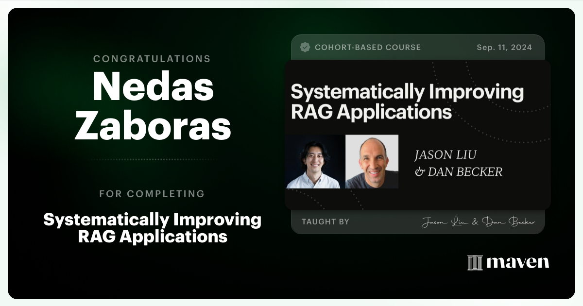 Certificate of Completion for Systematically Improving RAG Applications