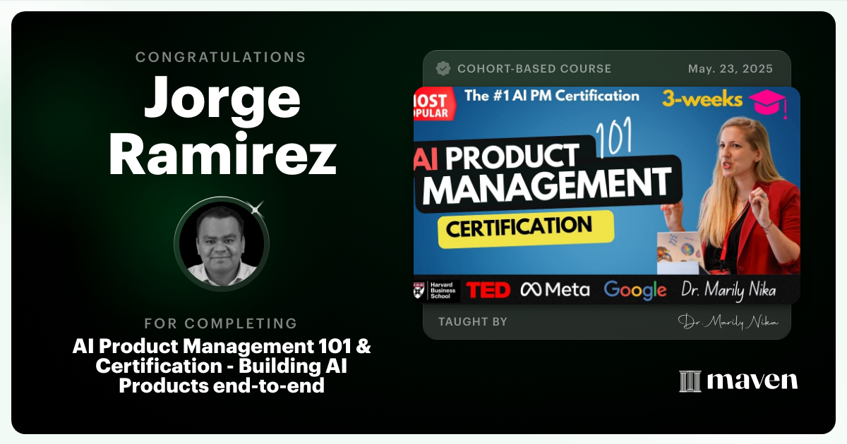 Certificate of Completion for AI Product Management 101 & Certification - Building AI Products end-to-end