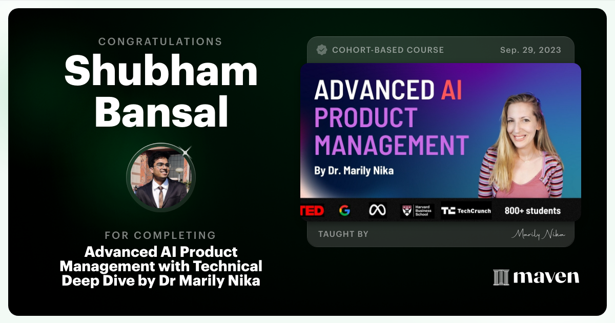 Certificate of Completion for Advanced AI Product Leadership Certification