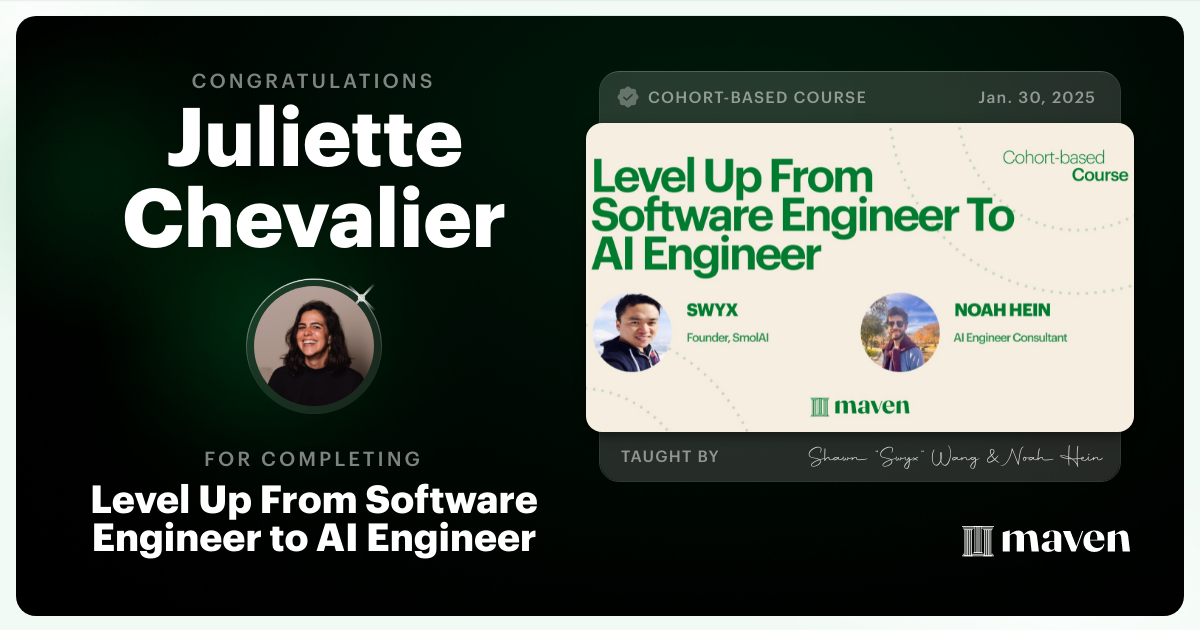 Certificate of Completion for Level Up From Software Engineer to AI Engineer