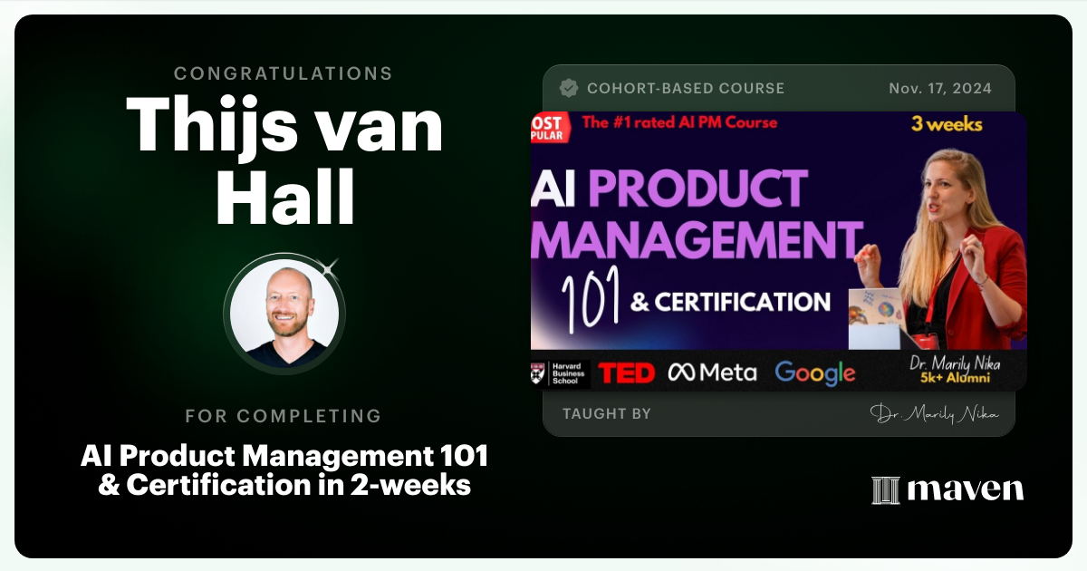 Certificate of Completion for AI Product Management 101 & Certification - Building AI Products end-to-end
