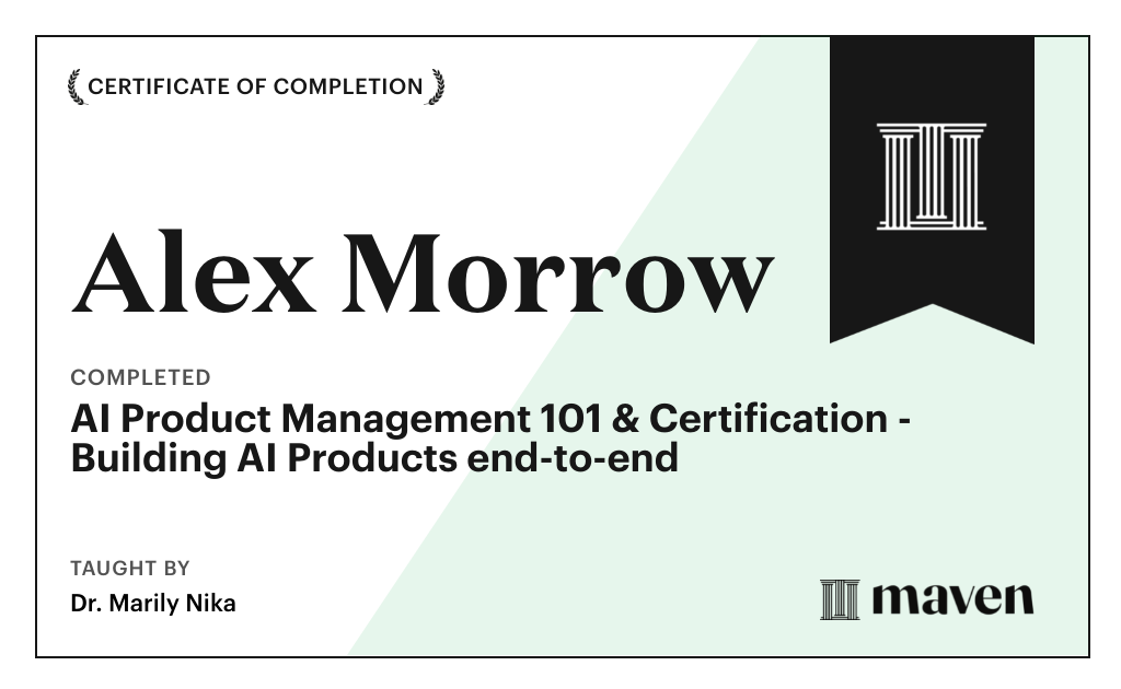 Certificate for AI Product Management 101 & Certification - Building AI Products end-to-end