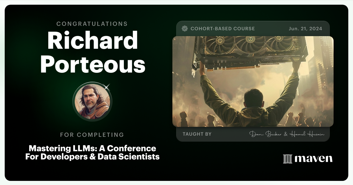 Certificate of Completion for Mastering LLMs For Developers & Data Scientists