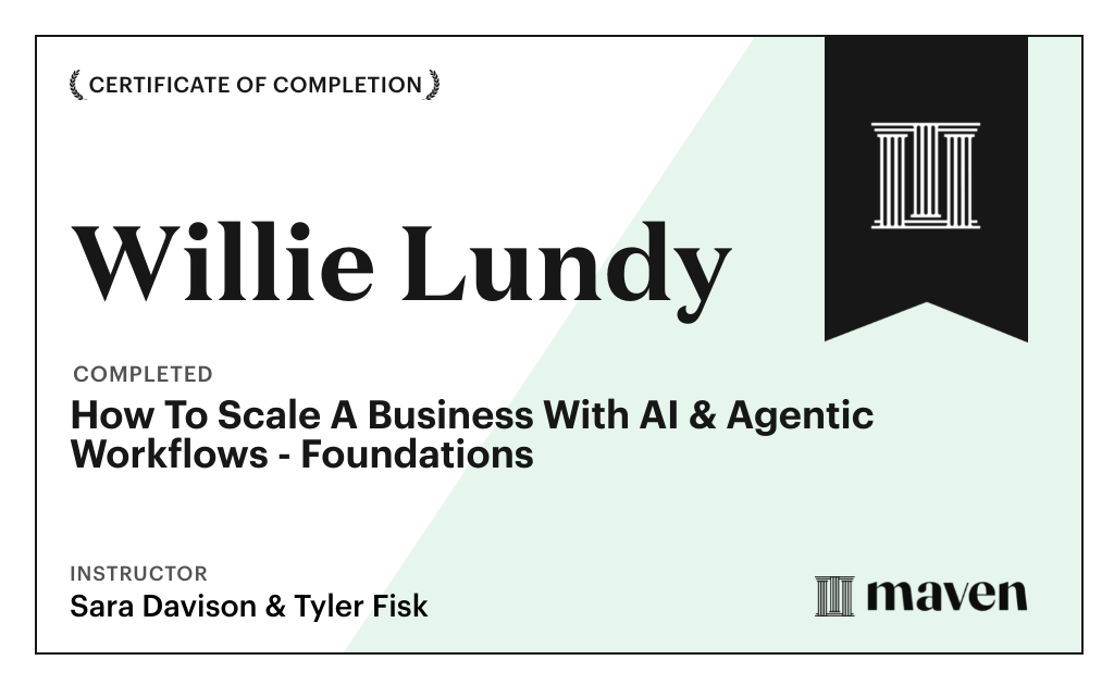 Certificate for How To Scale A Business With AI & Agentic Workflows - Foundations
