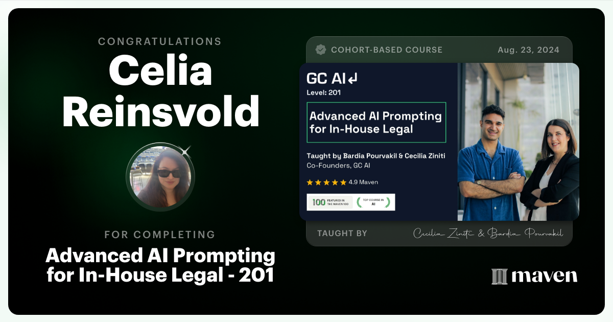 Certificate of Completion for Advanced AI Prompting for In-House Legal - 201