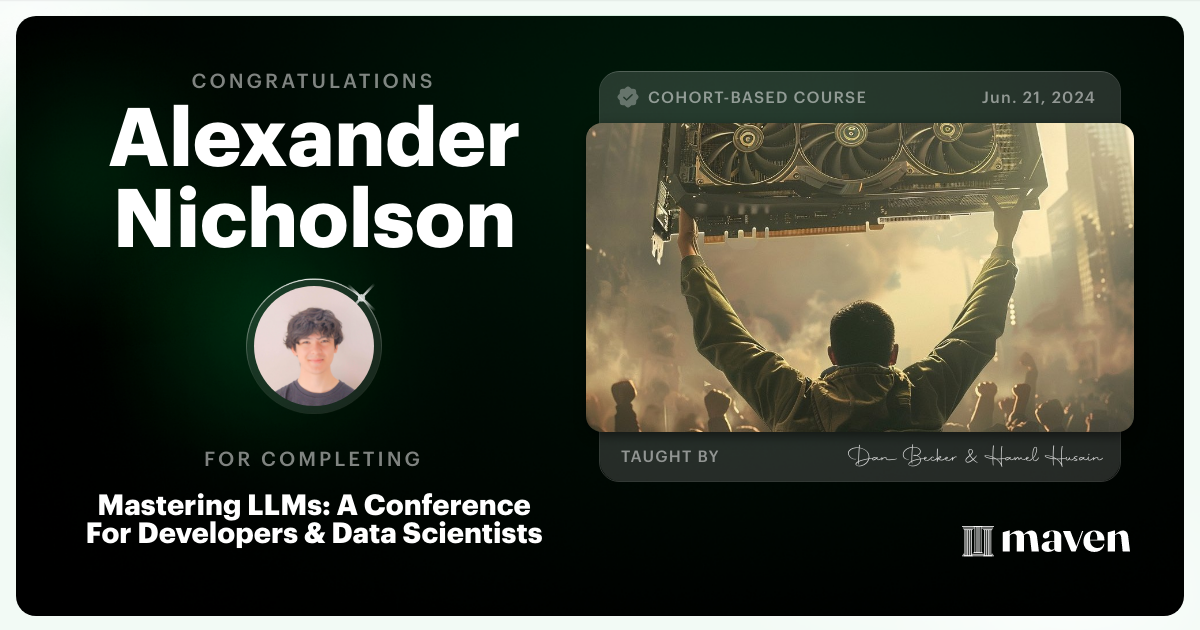 Certificate of Completion for Mastering LLMs For Developers & Data Scientists