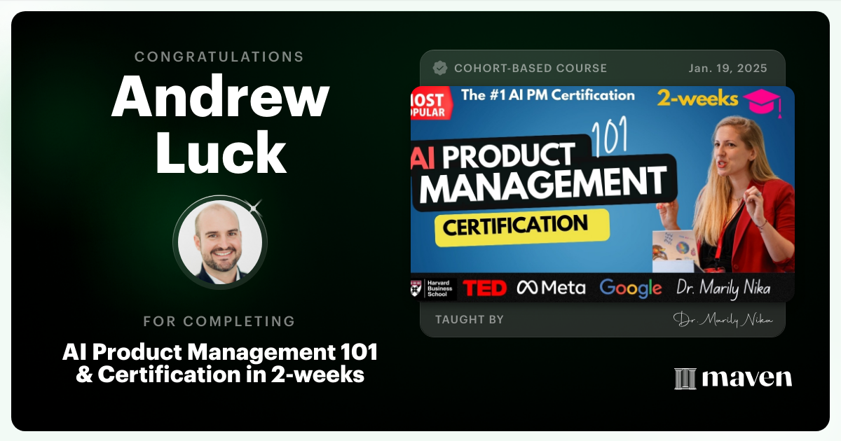 Certificate of Completion for AI Product Management 101 & Certification - Building AI Products end-to-end