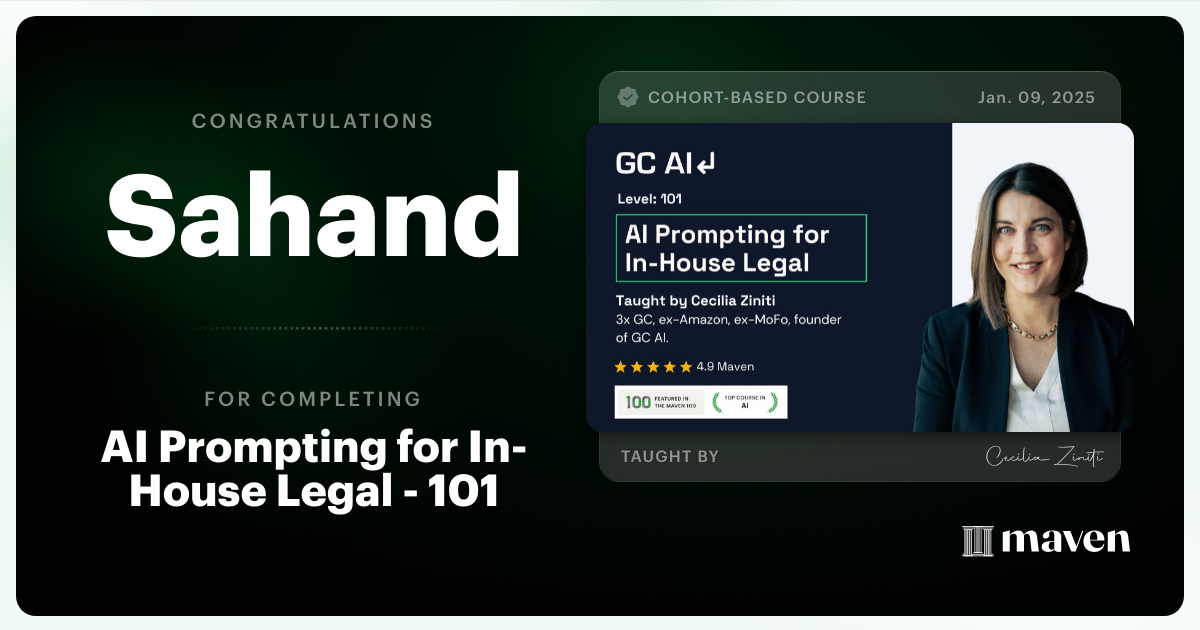Certificate of Completion for AI Prompting for In-House Legal - 101