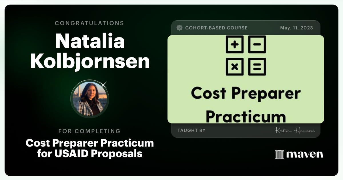 Certificate of Completion for Cost Preparer Practicum for USAID Proposals