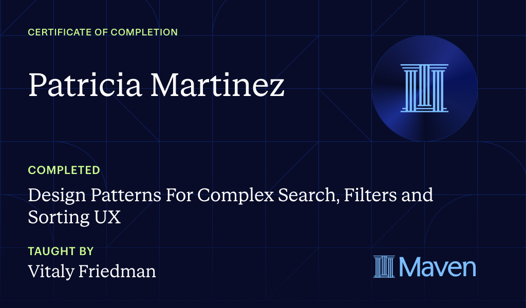 Certificate for Design Patterns For Complex Search, Filters and Sorting UX
