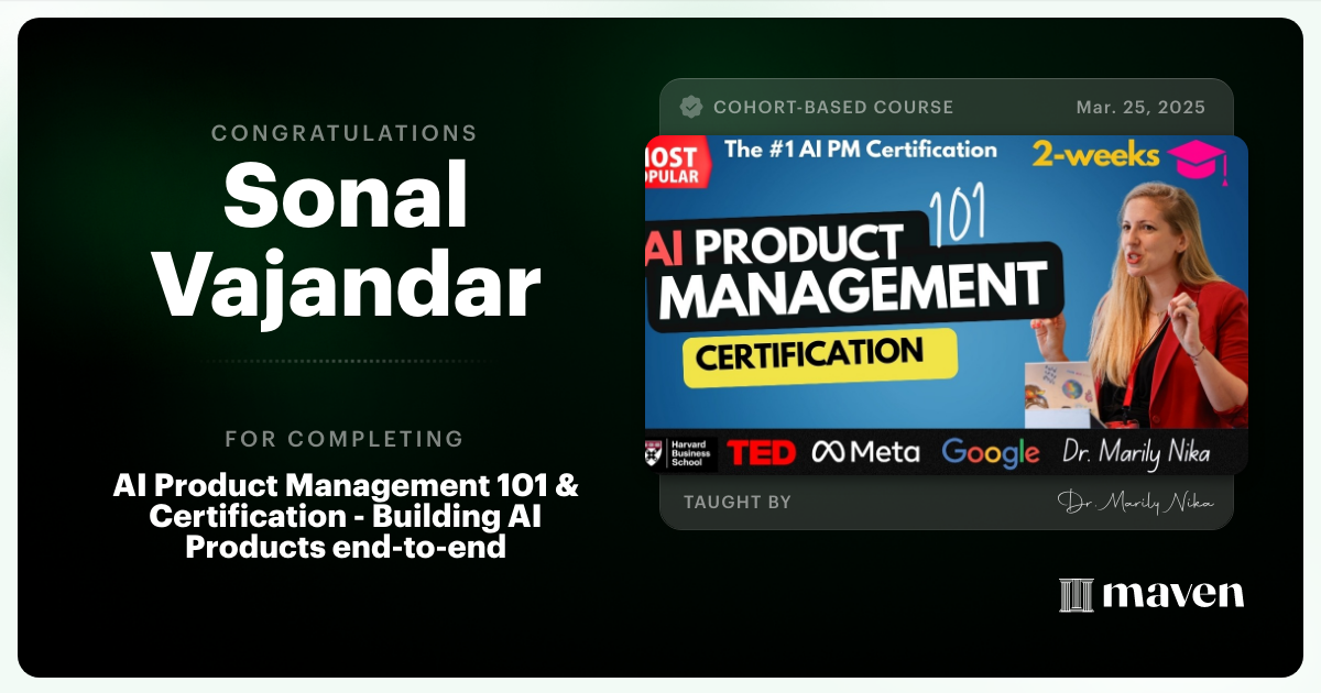 Certificate of Completion for AI Product Management 101 & Certification - Building AI Products end-to-end