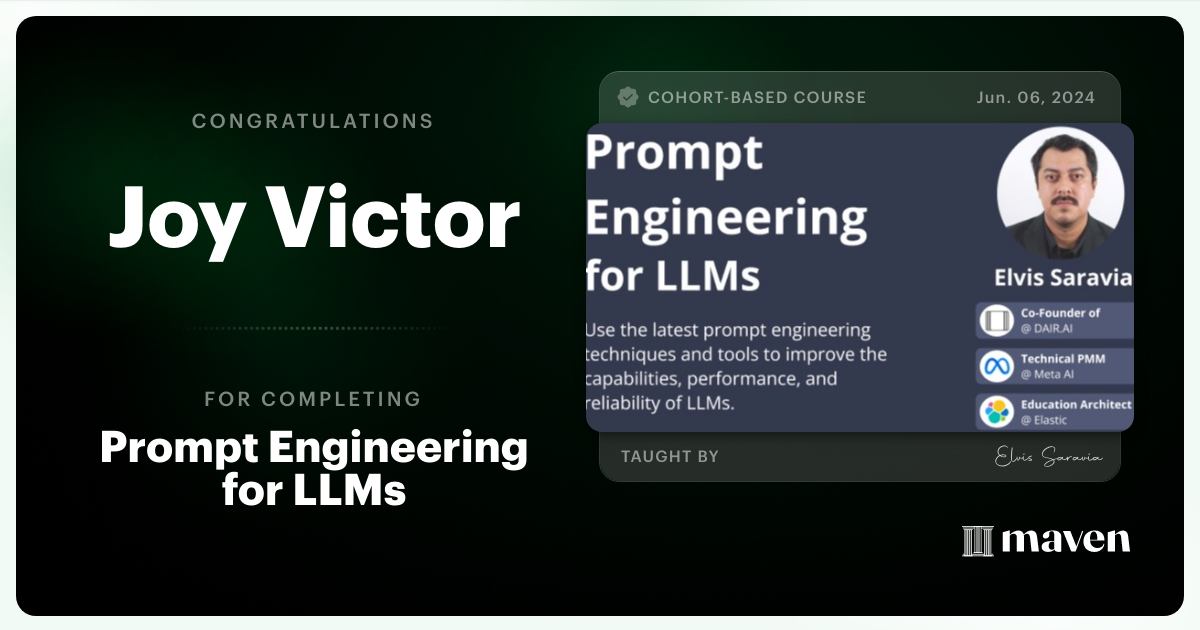 Certificate of Completion for Advanced Prompt Engineering for LLMs