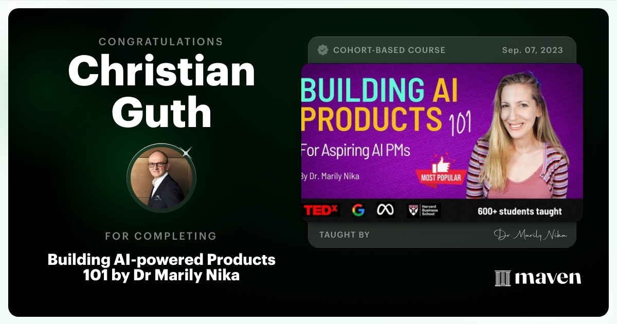 Certificate of Completion for AI Product Management 101 & Certification - Building AI Products end-to-end