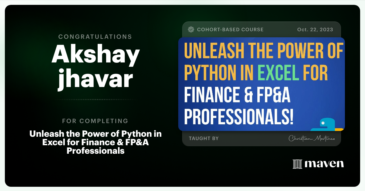 Certificate of Completion for Unleash the Power of Python in Excel for Finance & FP&A Professionals