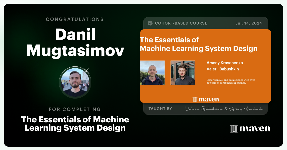 Certificate of Completion for The Essentials of Machine Learning System Design