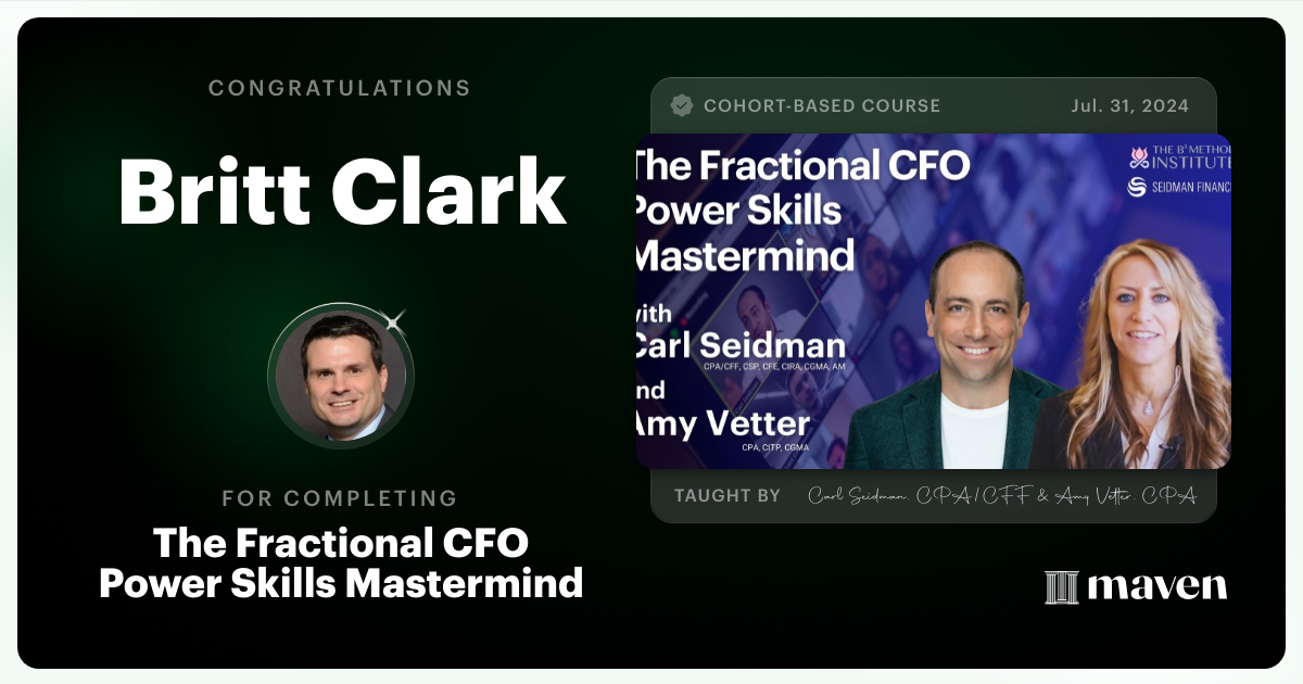 Certificate of Completion for The Fractional CFO and Advisory Mastermind & Community