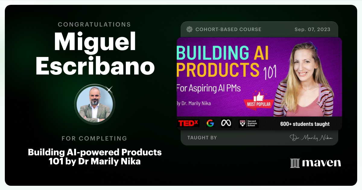 Certificate of Completion for AI Product Management 101 & Certification - Building AI Products end-to-end