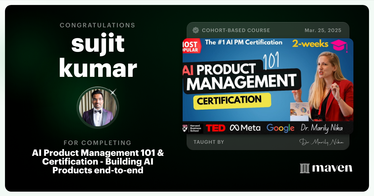 Certificate of Completion for AI Product Management 101 & Certification - Building AI Products end-to-end