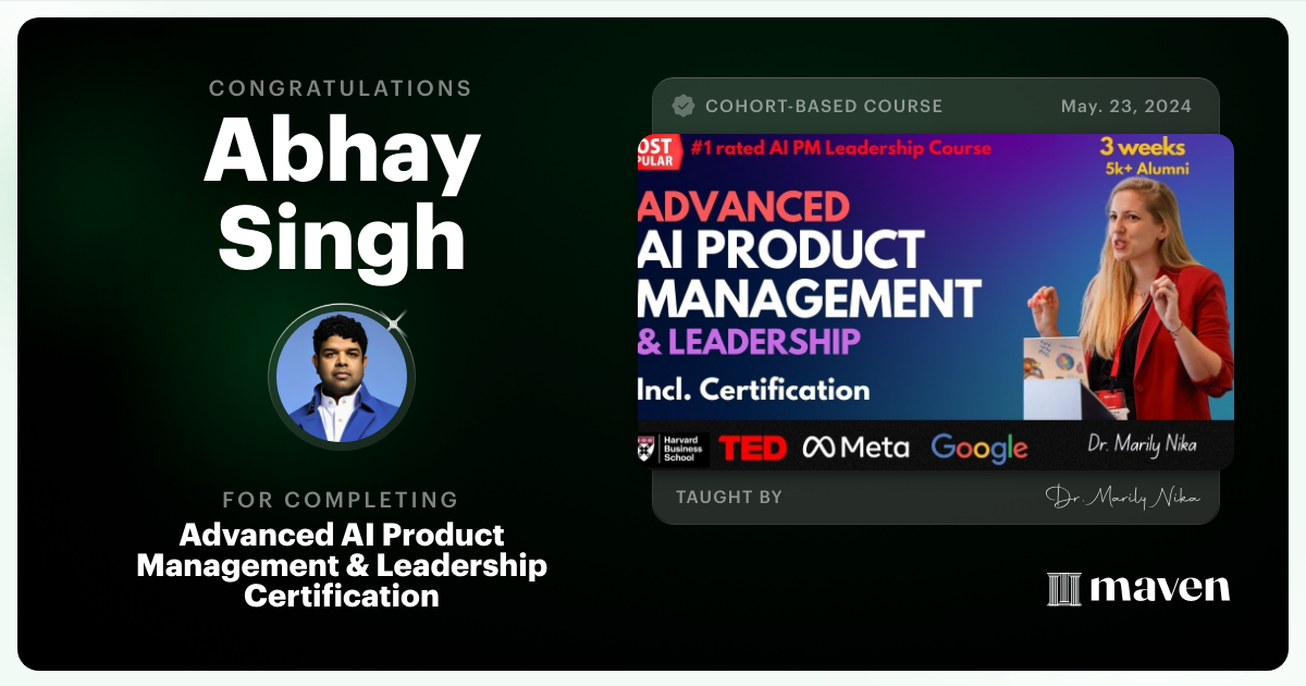 Certificate of Completion for Advanced AI Product Leadership Certification