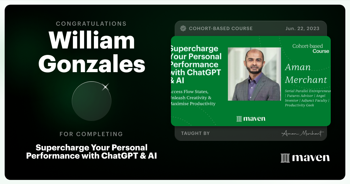 Certificate of Completion for Supercharge Your Personal Performance with ChatGPT & AI