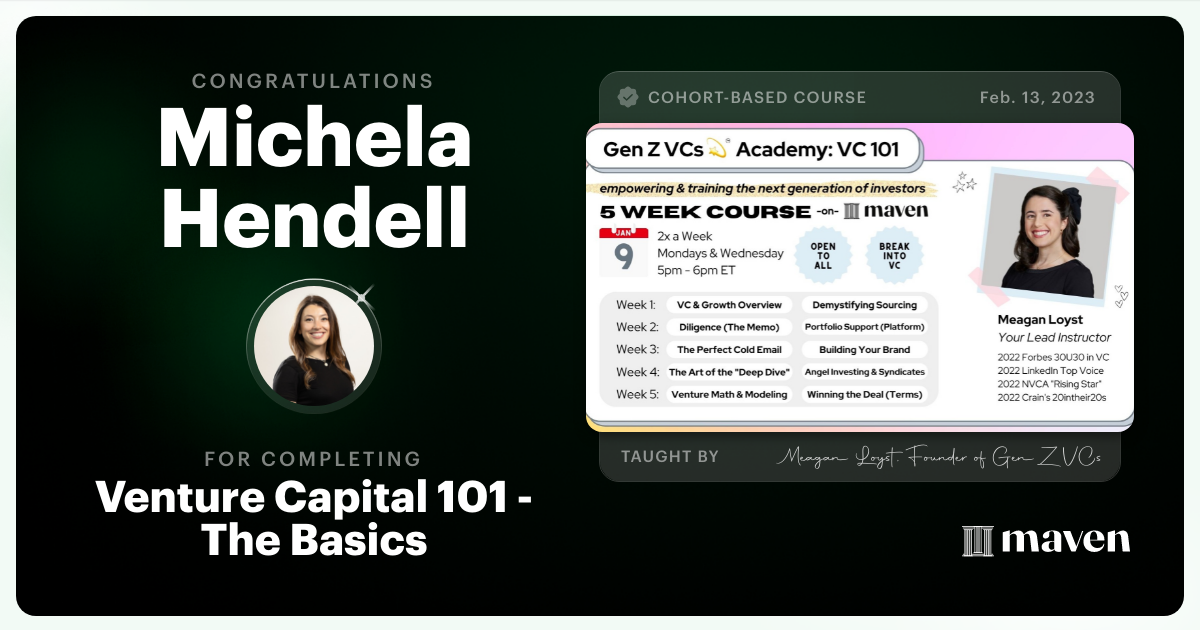 Certificate of Completion for Venture Capital 101 - The Basics