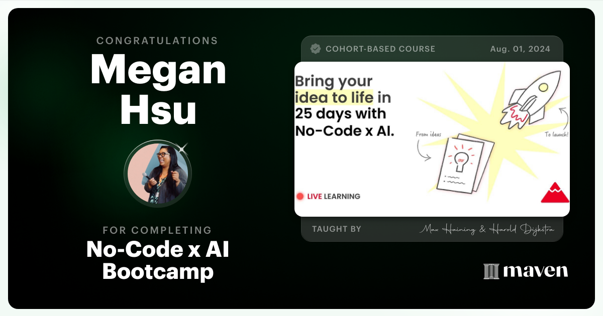 Certificate of Completion for No-Code x AI Bootcamp