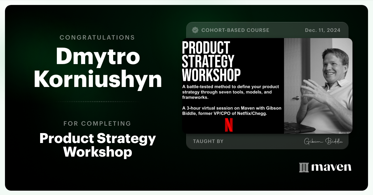 Certificate of Completion for Product Strategy Workshop