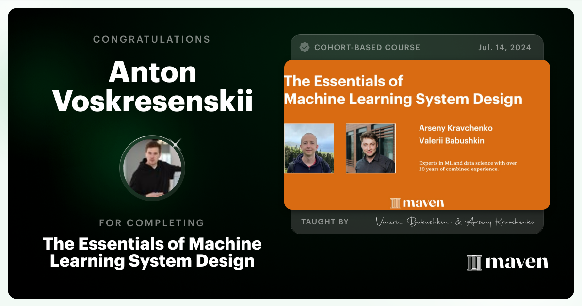 Certificate of Completion for The Essentials of Machine Learning System Design
