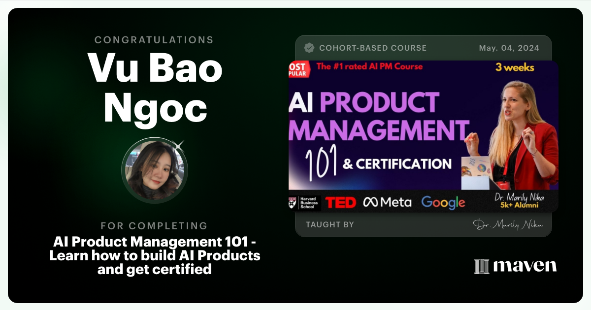Certificate of Completion for AI Product Management 101 & Certification - Building AI Products end-to-end