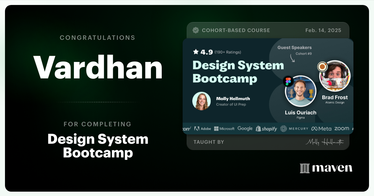 Certificate of Completion for Design System Bootcamp