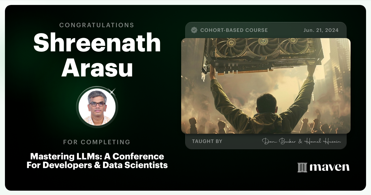 Certificate of Completion for Mastering LLMs For Developers & Data Scientists