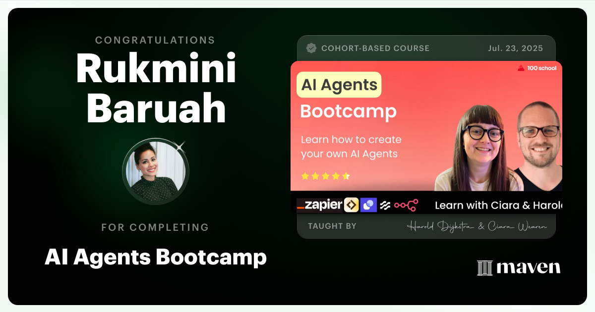 Certificate of Completion for AI Agent Builder Bootcamp