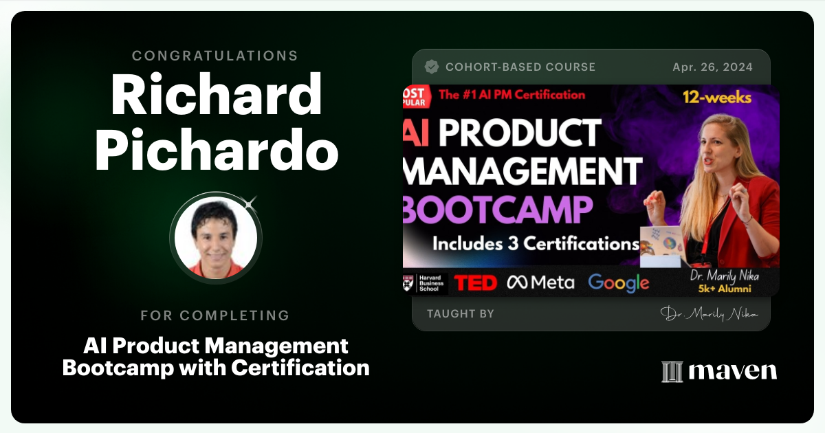 Certificate of Completion for AI Product Management Bootcamp & Certification by AI Product Academy