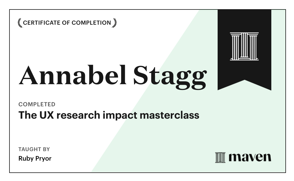 Certificate for The UX research impact masterclass