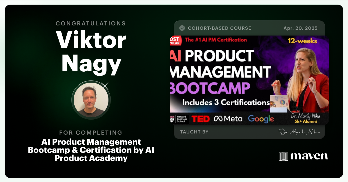 Certificate of Completion for AI Product Management Bootcamp & Certification by AI Product Academy