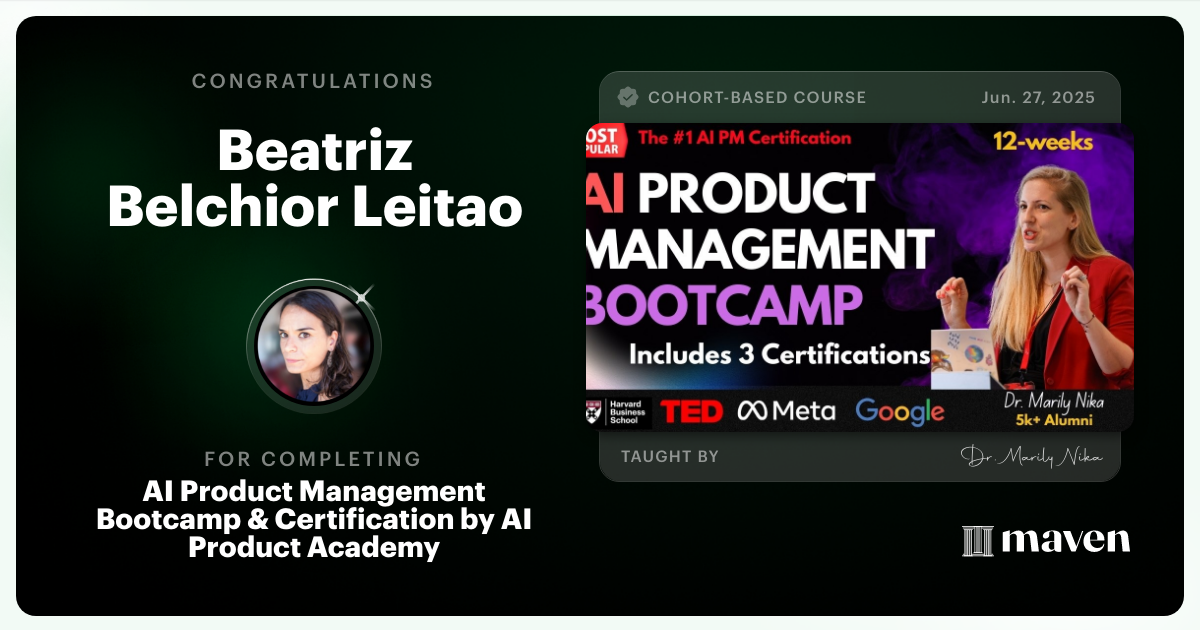 Certificate of Completion for AI Product Management Bootcamp & Certification by AI Product Academy