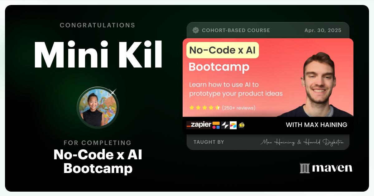 Certificate of Completion for No-Code x AI Bootcamp